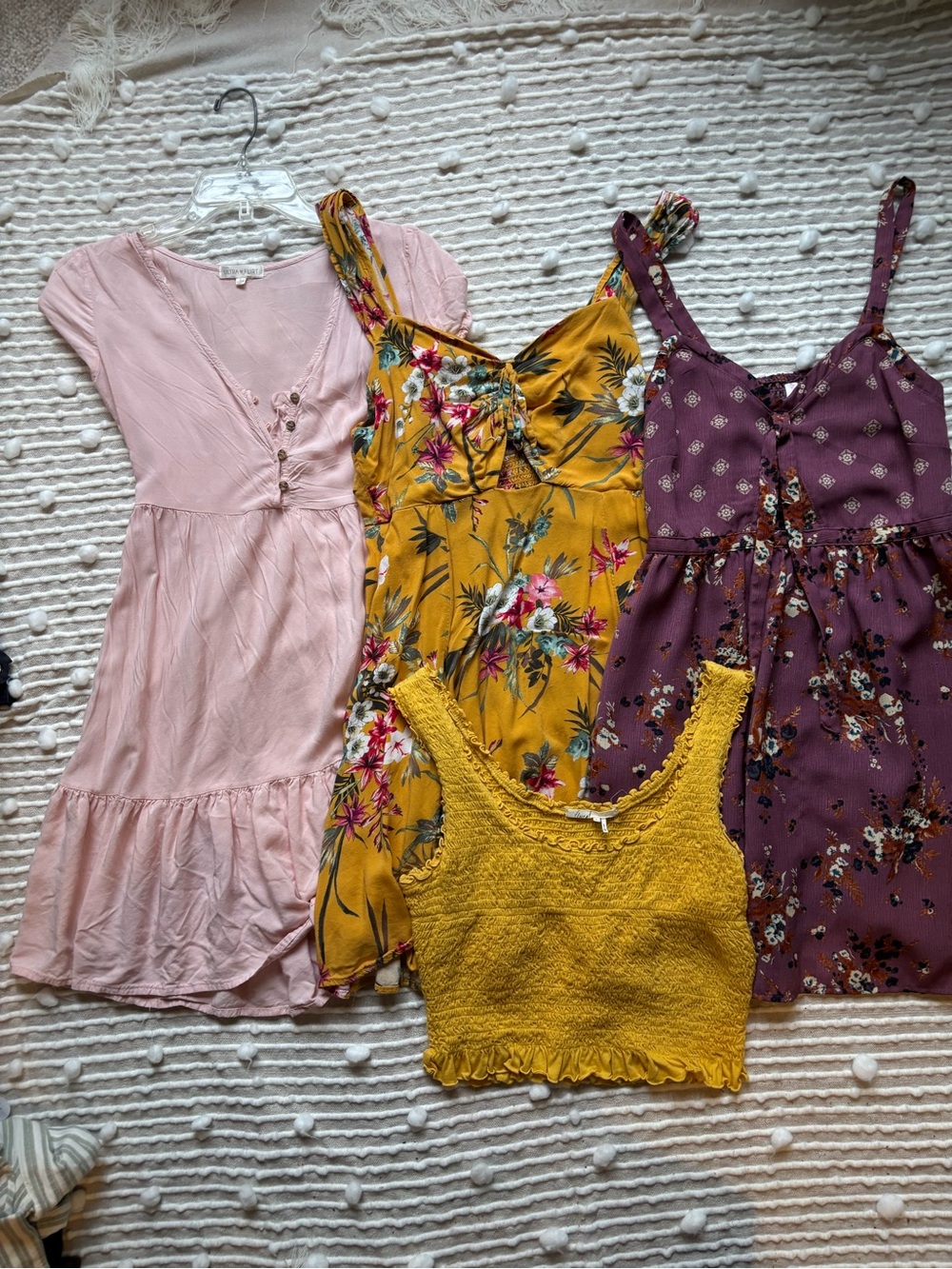 Small Feminine Mini Dress Bundle with Pink, Purple & Mustard Pieces (bonus Top)